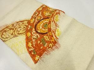 アンティーク　手織り真綿紬地紙に花唐草模様織出し名古屋帯
